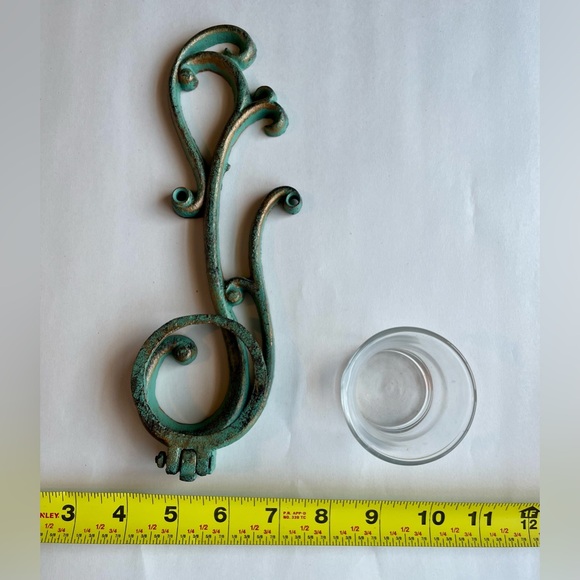Vintage Metal Teal & Gold Wall Mounted Candle Sconce 11x3x3.5” - Picture 5 of 7